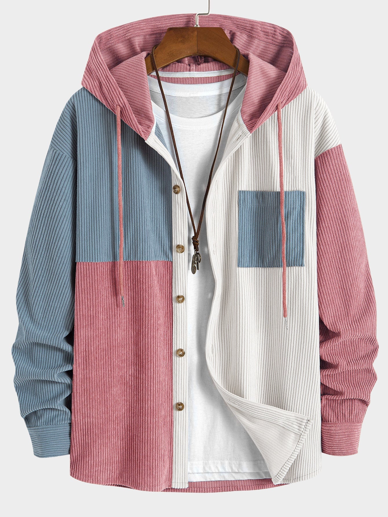 Relax Fit Colour-block Corduroy Hooded Shirt