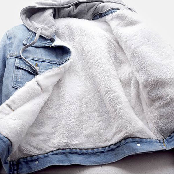 Short Denim Jacket with Plush-Lined Hood