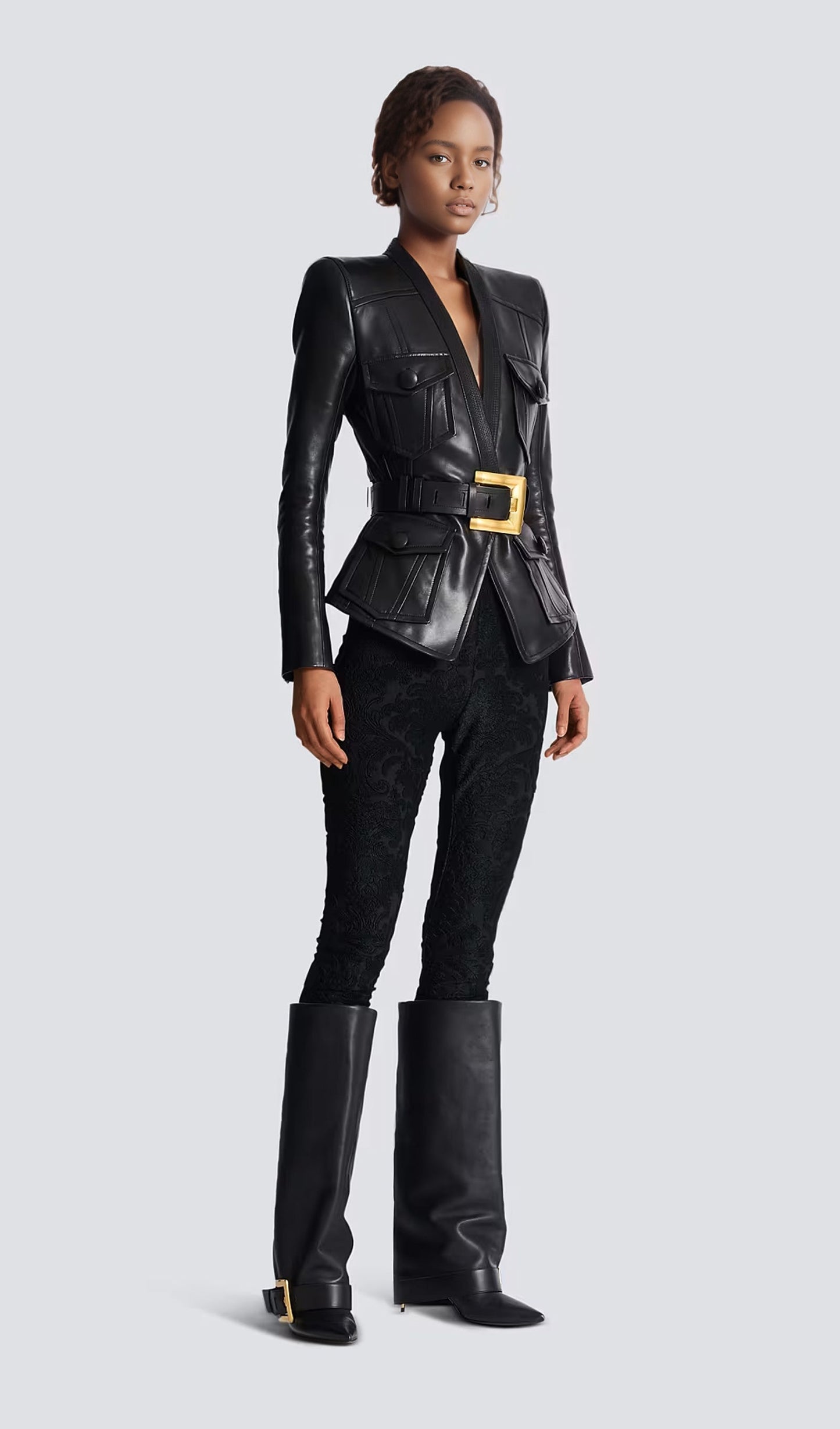 Buttoned Belted Leather Jacket