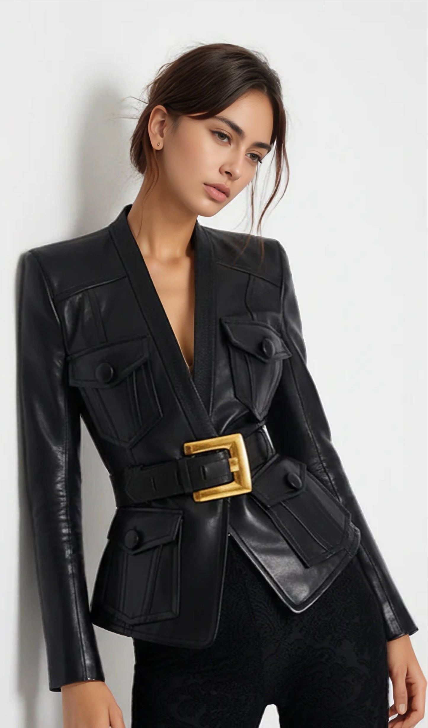 Buttoned Belted Leather Jacket