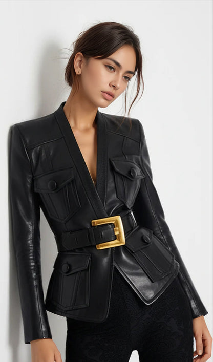 Buttoned Belted Leather Jacket