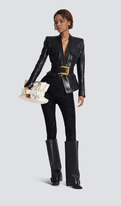 Buttoned Belted Leather Jacket