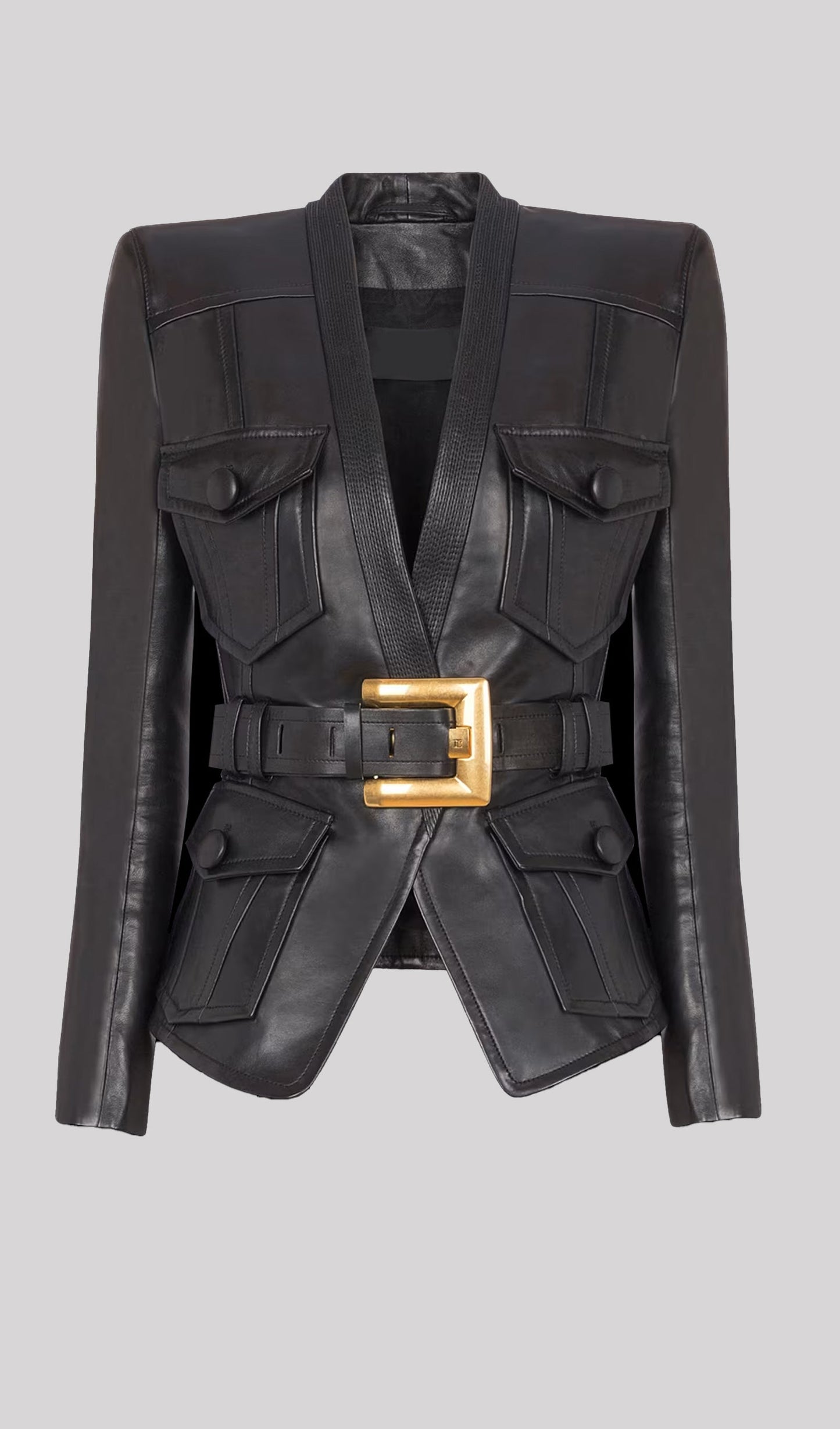 Buttoned Belted Leather Jacket