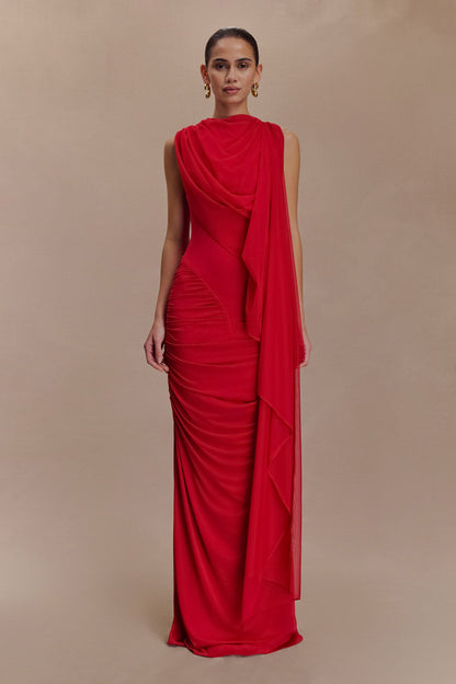 Rachael's Ruched Slinky Maxi Dress - Ruby