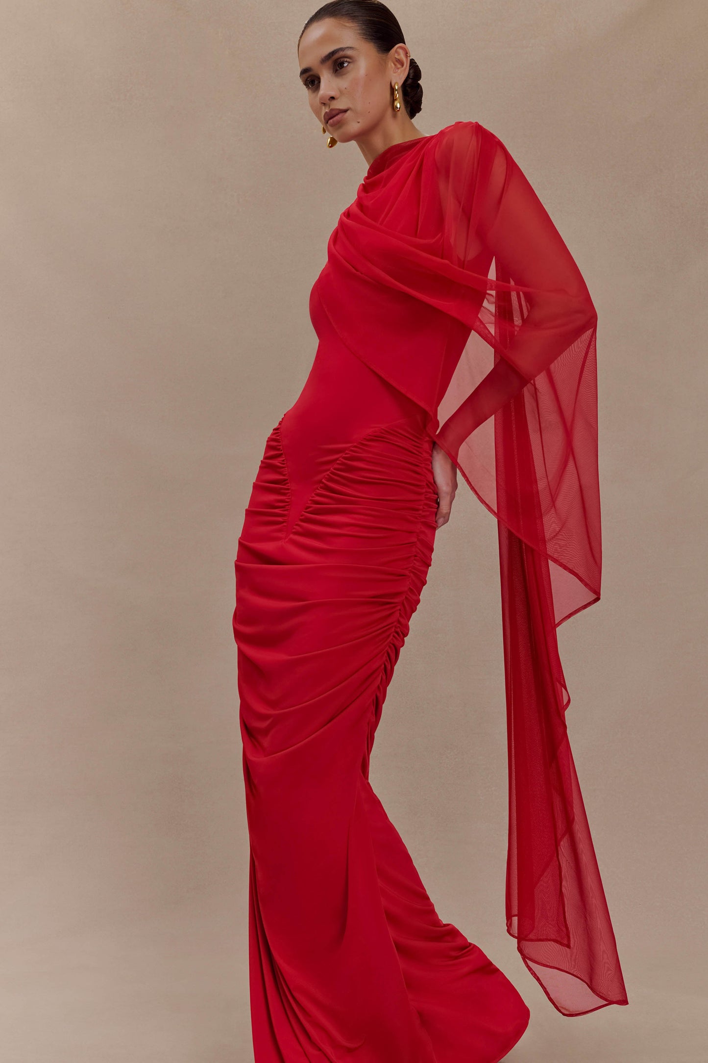 Rachael's Ruched Slinky Maxi Dress - Ruby