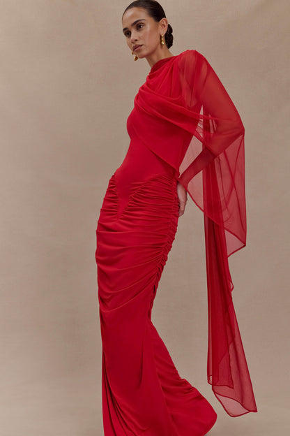 Rachael's Ruched Slinky Maxi Dress - Ruby