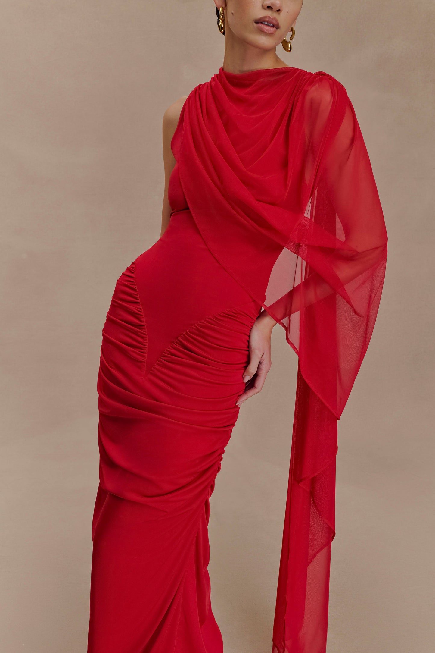 Rachael's Ruched Slinky Maxi Dress - Ruby