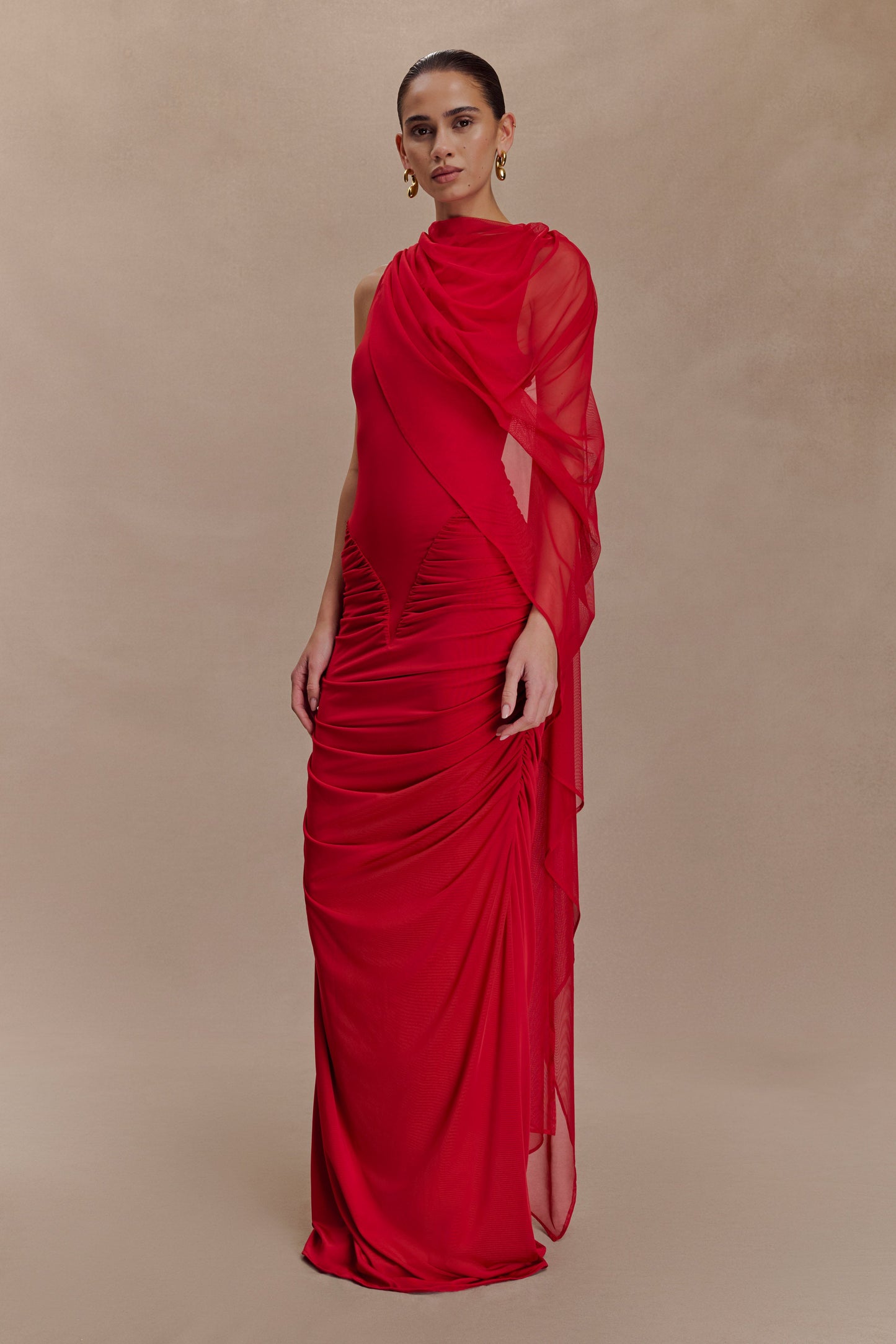 Rachael's Ruched Slinky Maxi Dress - Ruby