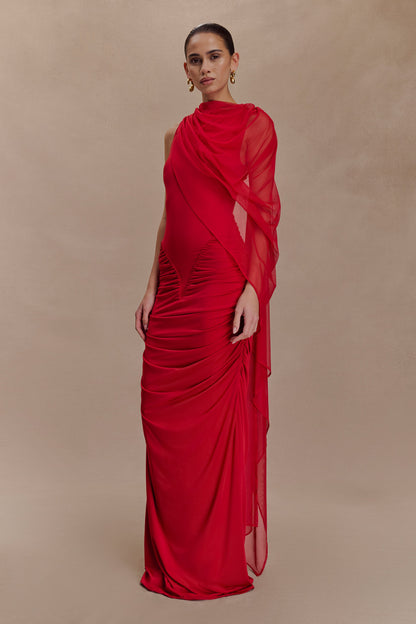 Rachael's Ruched Slinky Maxi Dress - Ruby