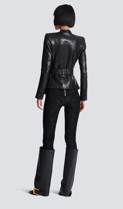 Buttoned Belted Leather Jacket