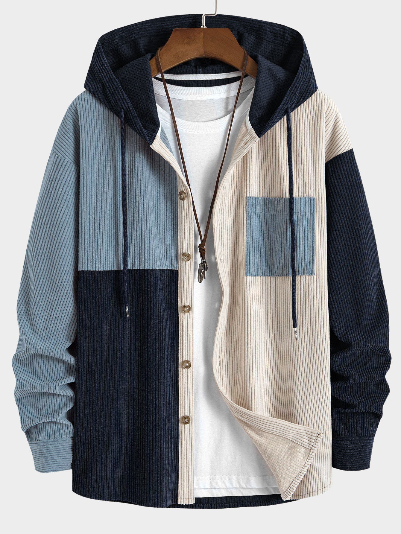 Relax Fit Colour-block Corduroy Hooded Shirt