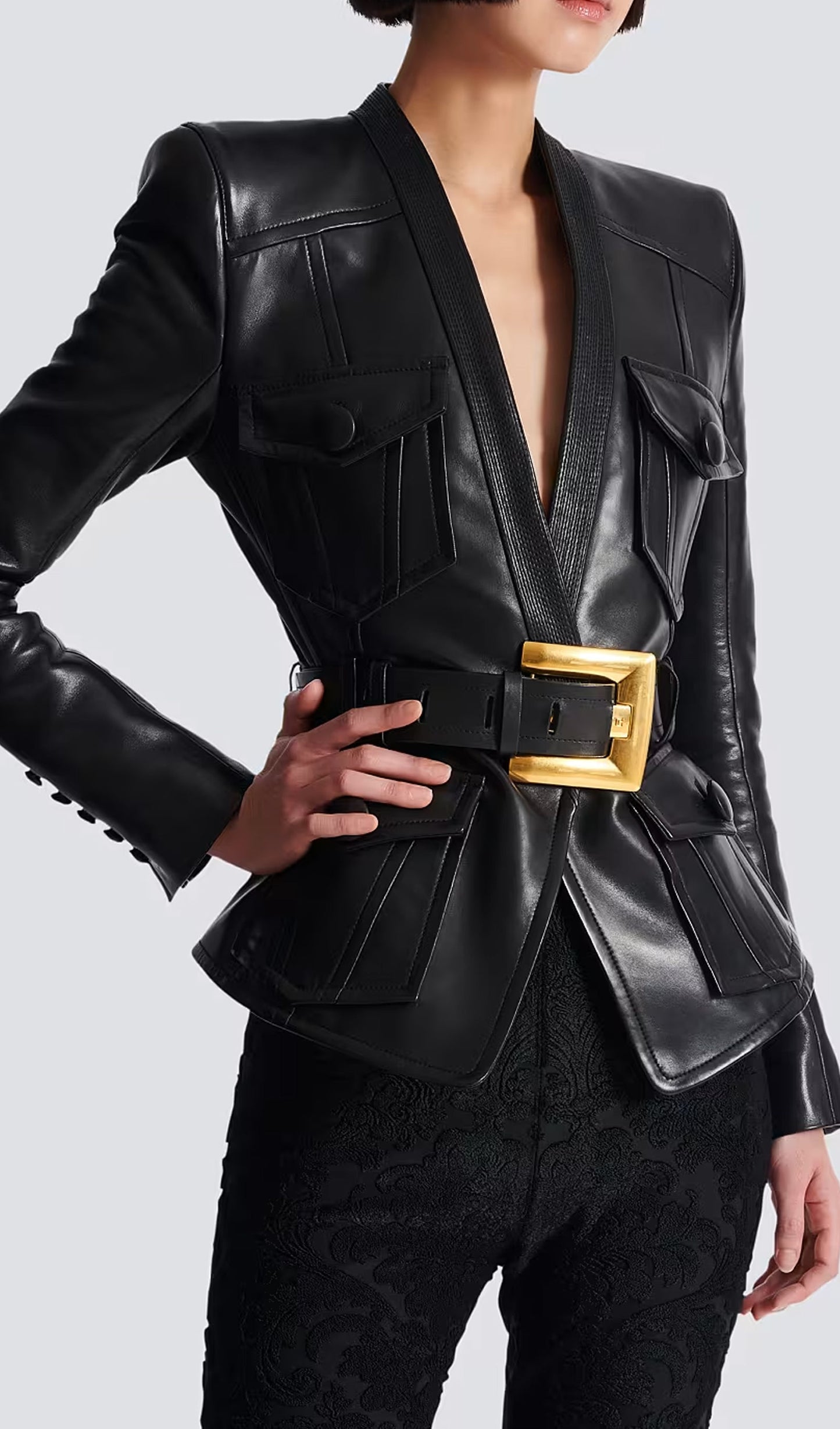 Buttoned Belted Leather Jacket