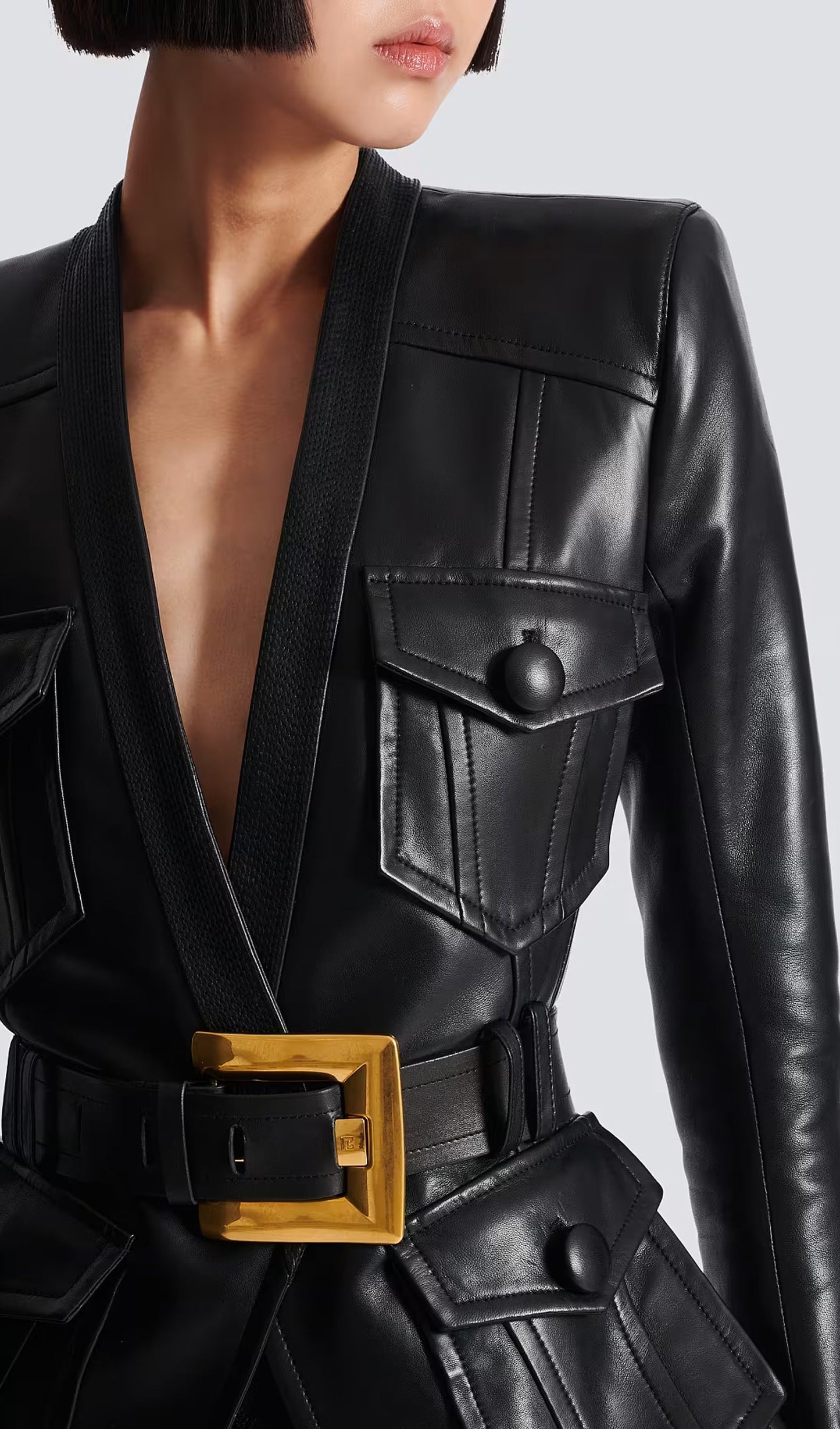 Buttoned Belted Leather Jacket
