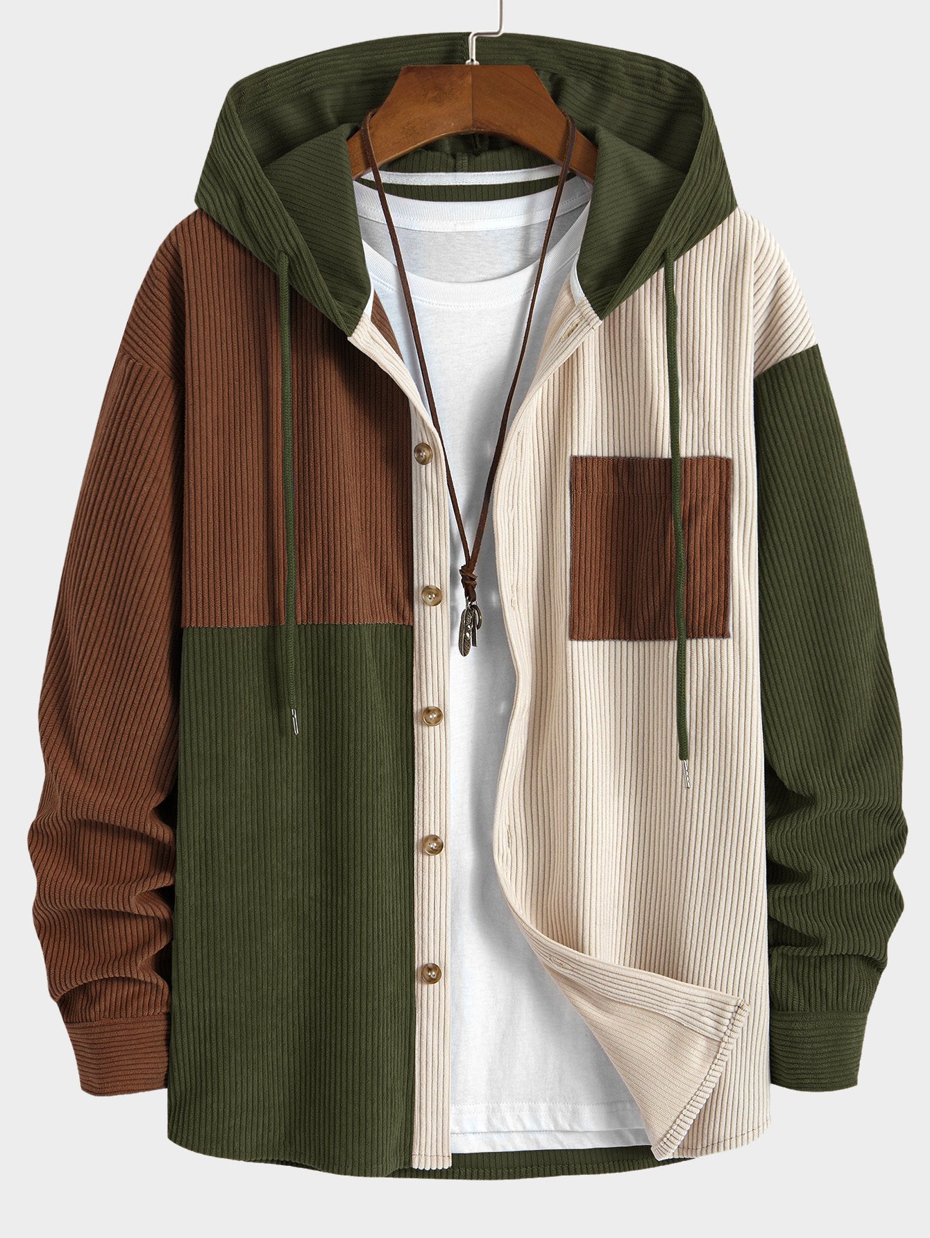 Relax Fit Colour-block Corduroy Hooded Shirt