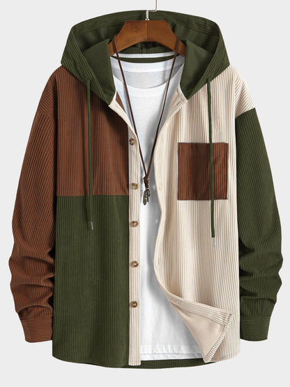 Relax Fit Colour-block Corduroy Hooded Shirt