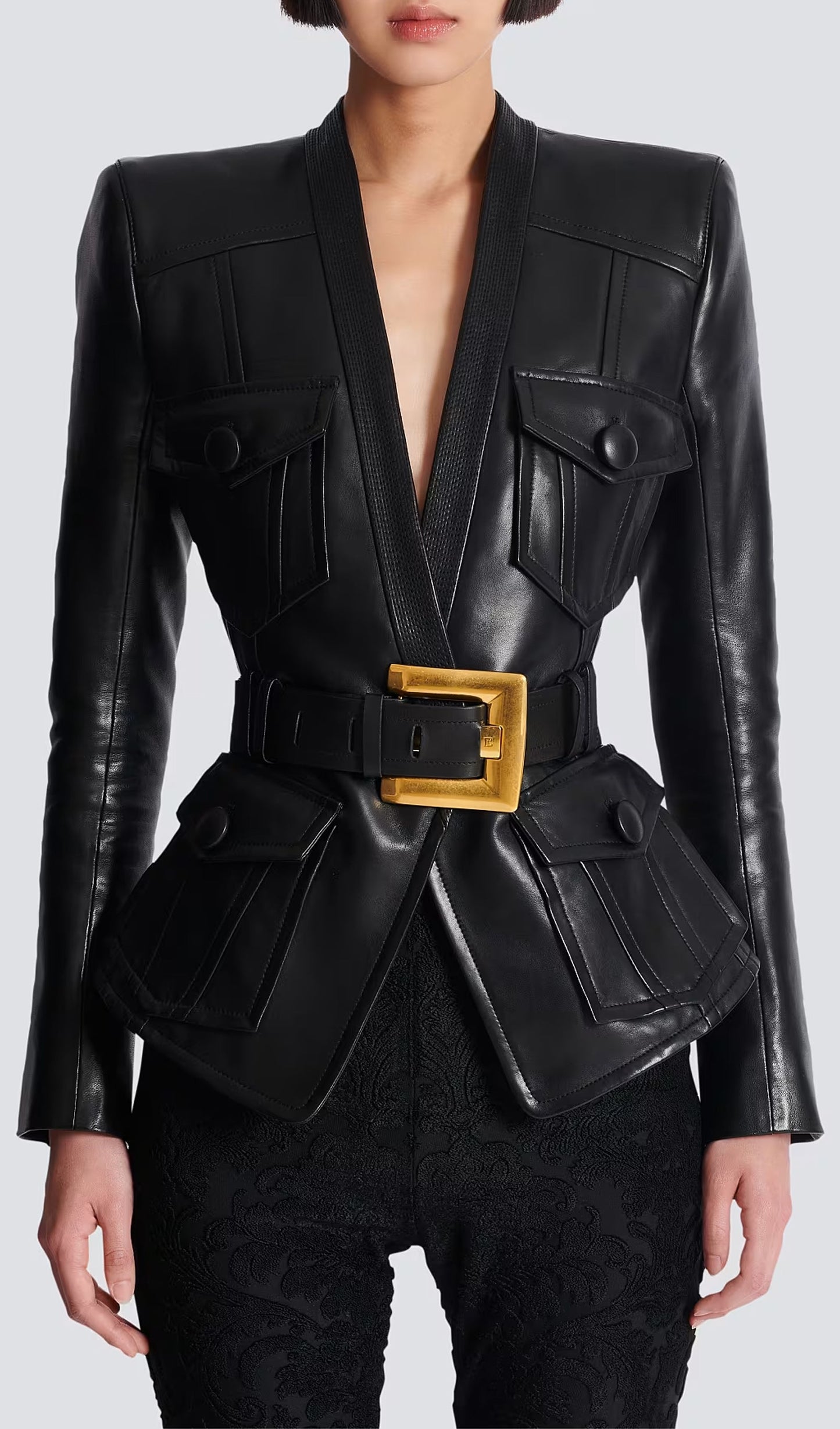 Buttoned Belted Leather Jacket