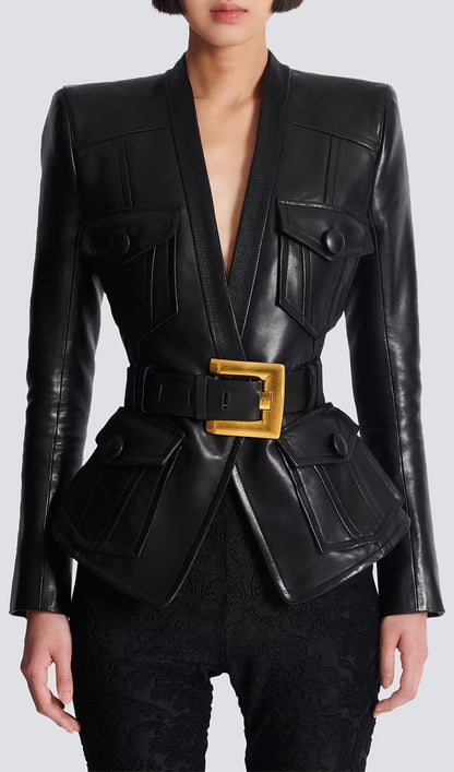 Buttoned Belted Leather Jacket