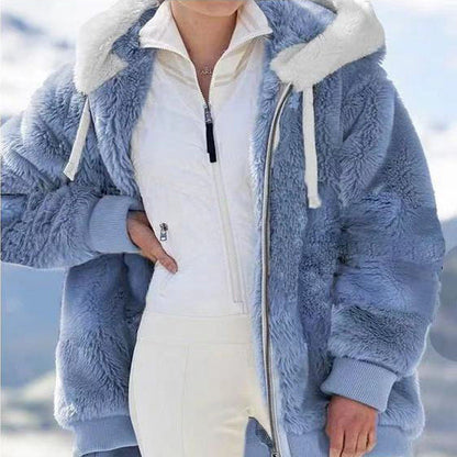 Fleece jacket with hood and fur lining.