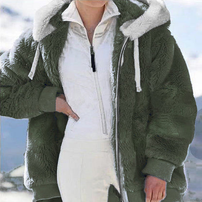 Fleece jacket with hood and fur lining.