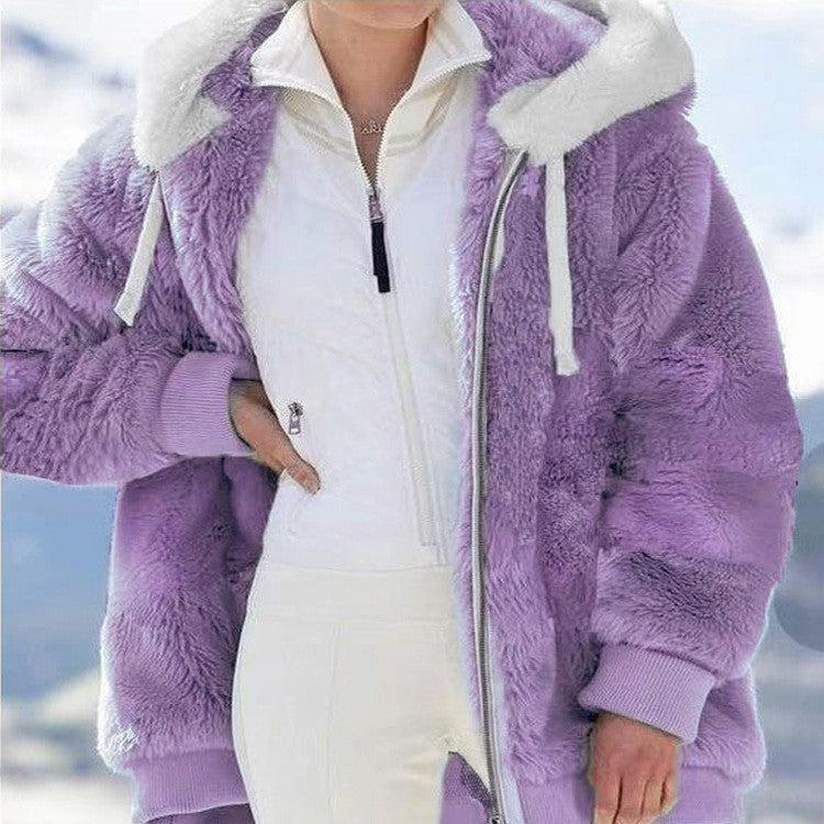 Fleece jacket with hood and fur lining.