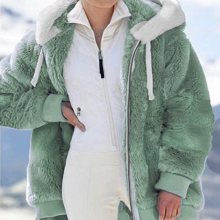 Fleece jacket with hood and fur lining.