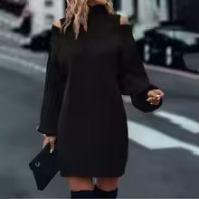 Fashionable Sweater Dress with High Neck, Off Shoulders, Long Sleeves, Cable Knit