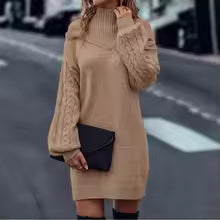 Fashionable Sweater Dress with High Neck, Off Shoulders, Long Sleeves, Cable Knit