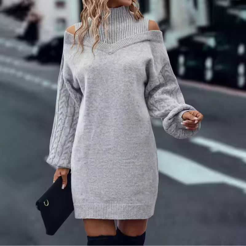Fashionable Sweater Dress with High Neck, Off Shoulders, Long Sleeves, Cable Knit