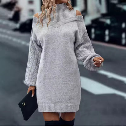 Fashionable Sweater Dress with High Neck, Off Shoulders, Long Sleeves, Cable Knit