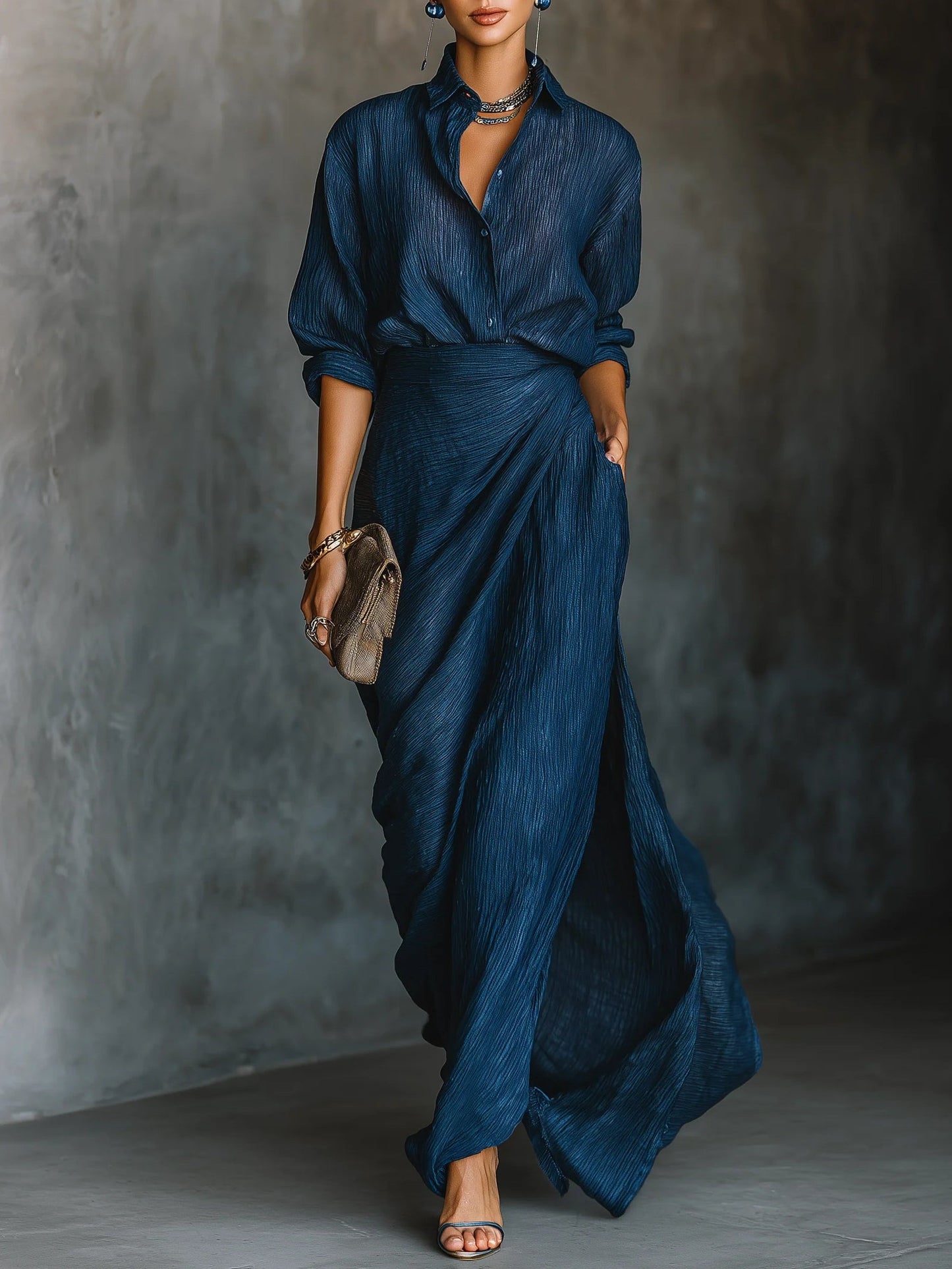 Elegant Dark Blue Shirt, Long Skirt Set