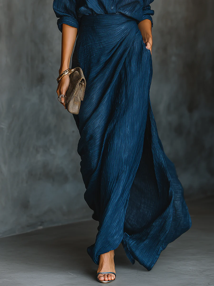 Elegant Dark Blue Shirt, Long Skirt Set