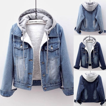 Short Denim Jacket with Plush-Lined Hood