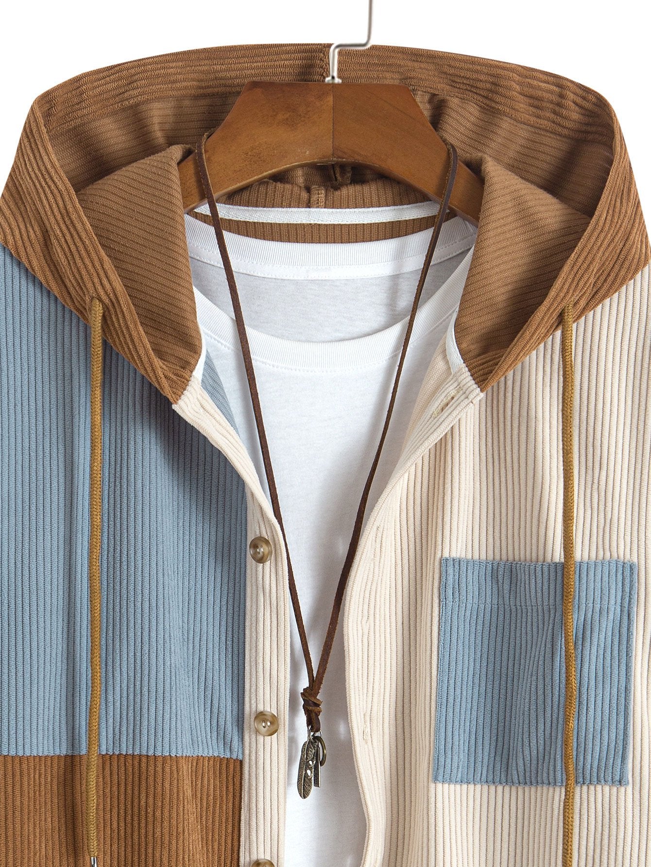 Relax Fit Colour-block Corduroy Hooded Shirt