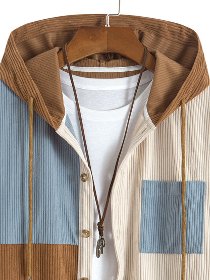 Relax Fit Colour-block Corduroy Hooded Shirt