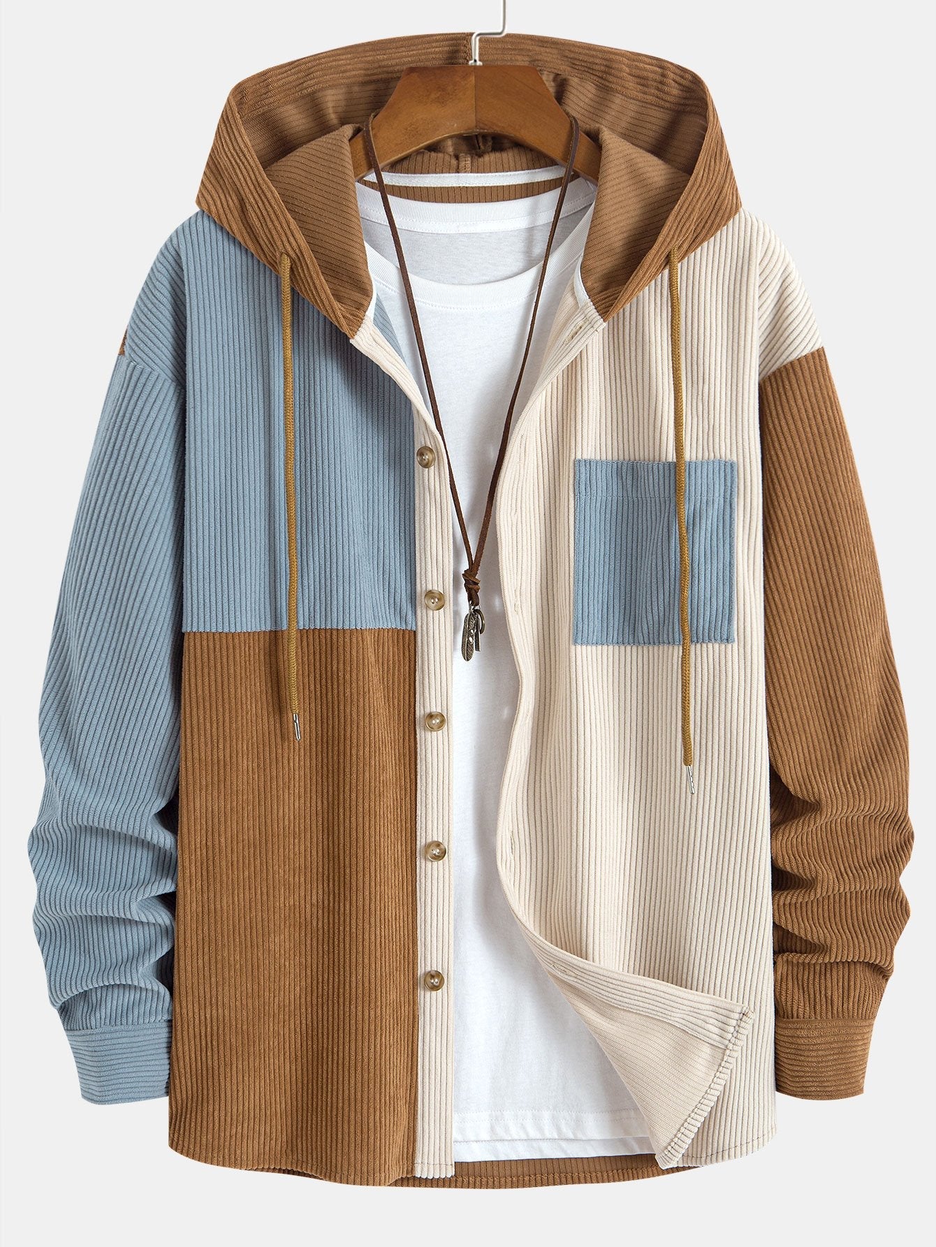 Relax Fit Colour-block Corduroy Hooded Shirt