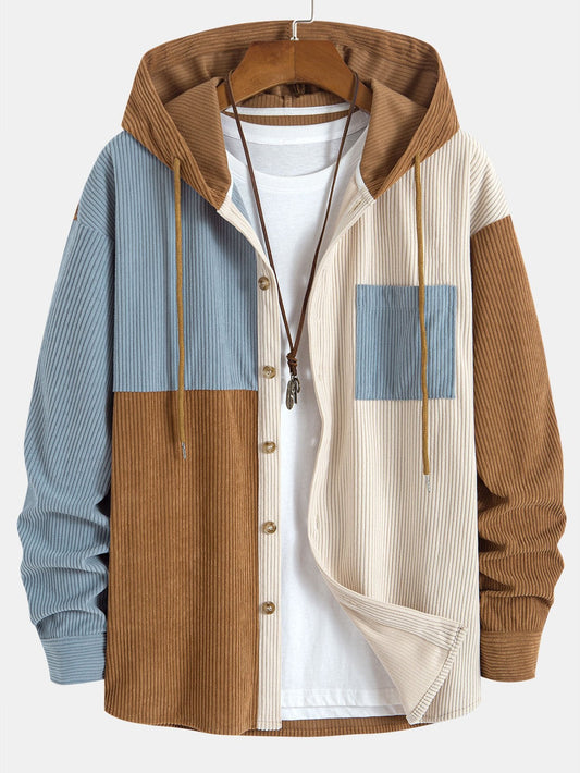 Relax Fit Colour-block Corduroy Hooded Shirt