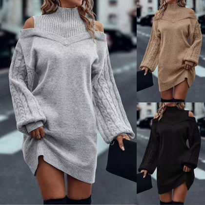 Fashionable Sweater Dress with High Neck, Off Shoulders, Long Sleeves, Cable Knit