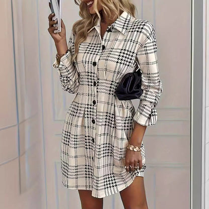 Elegant Check A-Line Shirt Dress